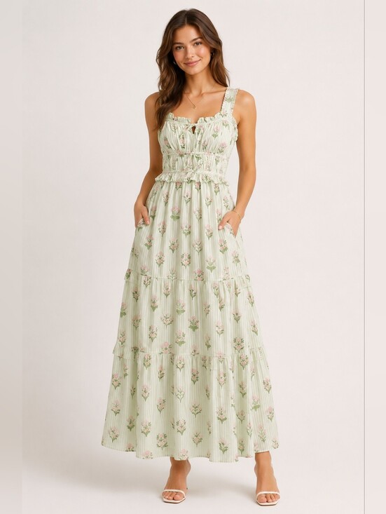 Dresses & Skirts - New With Tags LEA Smocked Floral Maxi Dress in Light Green